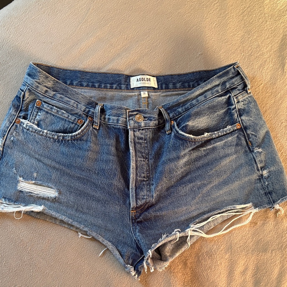 Agolde Blue Distressed High-Rise Denim Shorts
